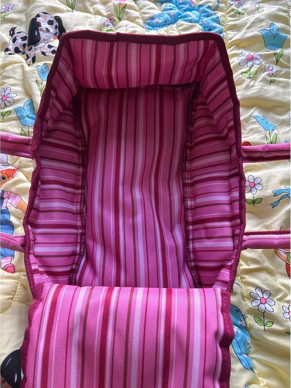 Götz Doll Carrier in Burgundy with Pink Floral Embroidery and Striped Interior